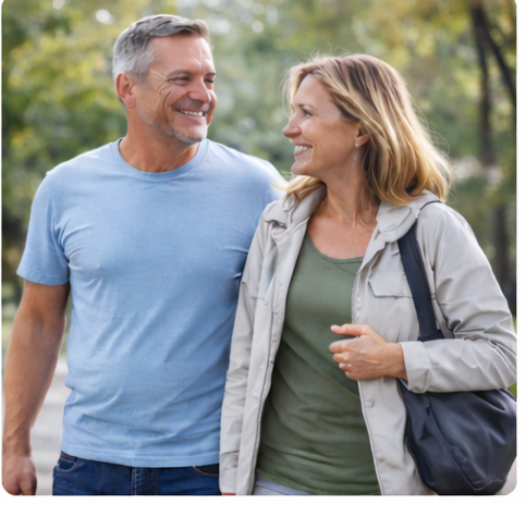 Középkorú pár sétál a szabadban